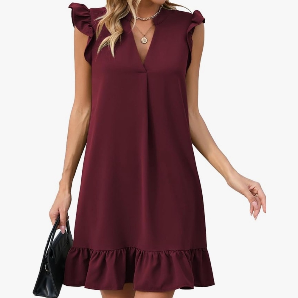 Famulily Cap Sleeve V Neck Ruffled Hem Solid Smock Casual Mini Sundress